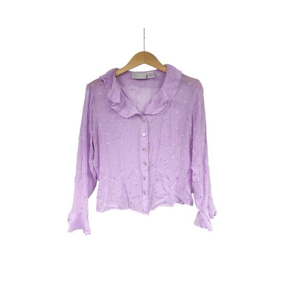 Vintage Y2K Worthington Purple Ruffle Swiss Dot Blouse Silk Fairy Womens 10 - Picture 1 of 5